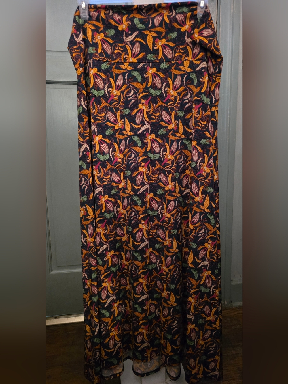 LuLaRoe Maxi Skirt with Vibrant Botanical Print - Black Base with Orange & Green